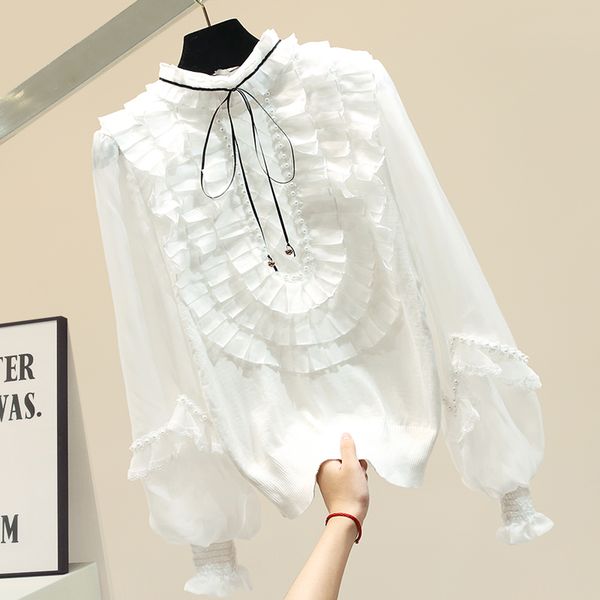 

new fall bow tie half high neck chiffon shirt women's perspective long sleve mesh blouses female loose blouse basic shirts, White