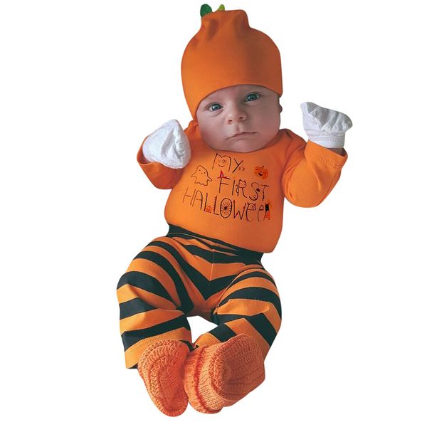 

baby kids girls clothes long sleeve letter halloween romper stripe pants cap autumn winter baby boy outfit newborn set, White