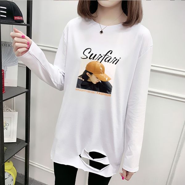 

2019 сезона большого размера женщин t- женщины средней рыхлый длинный рукава top t-рубашка и длинные сверху, White