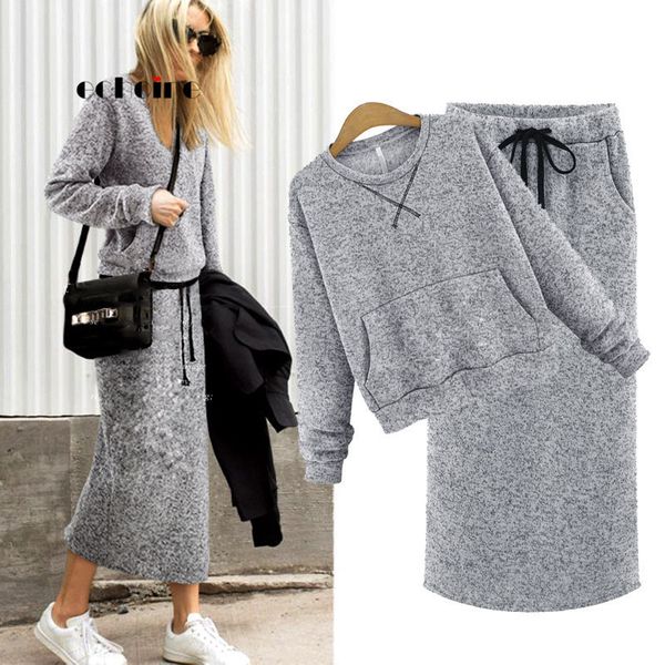 

echoine two piece set women cashmere hoodie pockets gray casual calf-length skirt lace up maxi dress suit female outwear y200110, White