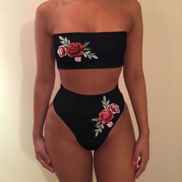 

2019 fashion trend women bandeau high waist push up padded bikini set floral embroidery strapless swimwear beach swimsuit