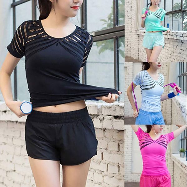 

mesh openwork yoga fitness short sleeve t-shirt female sports running shirt quick-drying suit blouse hb88, Black;blue