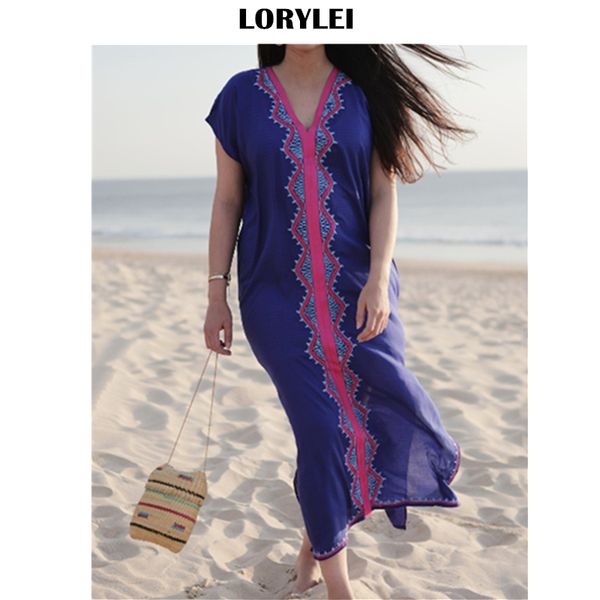 

2019 blue bohemian embroidered v-neck short sleeve summer beach dress plus size women robe de plage long cotton tunic pareo n836, Blue;gray