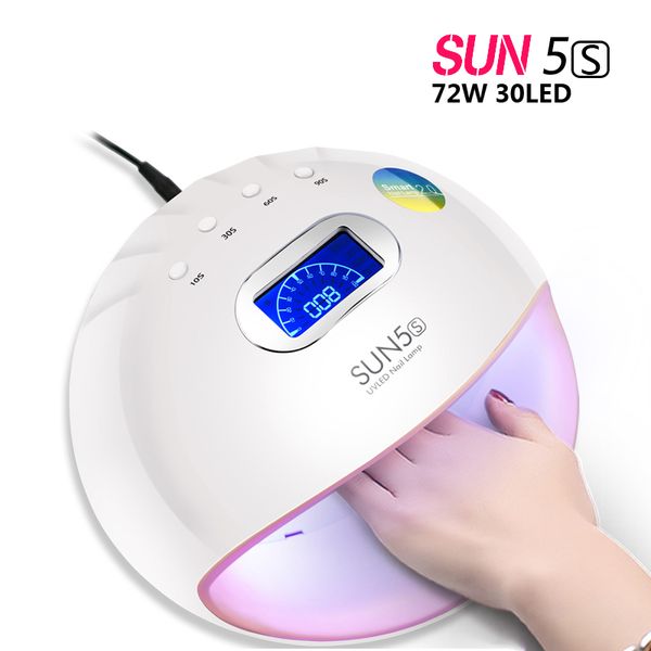 

sun5s nail art 72w 30leds uv led lamp nail polish curing for all gel manicure dryer lcd auto sensor 10s/30s/60s/90s timer