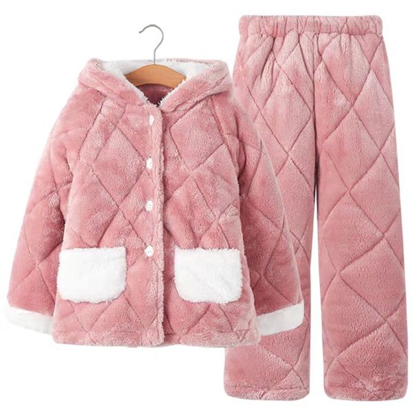 

children's pajamas girl's winter style thickened cotton clip girl's warm plush sleeping jacket big children's home cloth, Blue;red