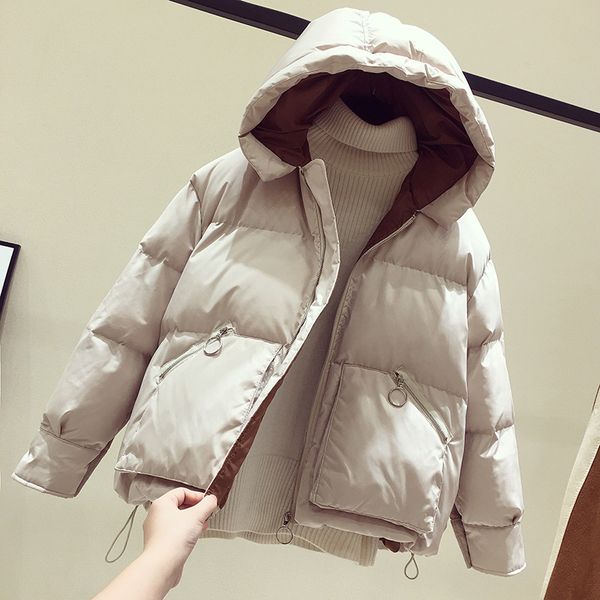

tide winter beige cotton coat women short loose cotton hooded small jacket bread service j729, Black