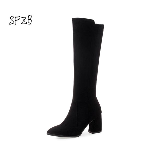 

sfzb women fashion knee high boots zipper pointed toe square high heel black suede women boots size 34-46