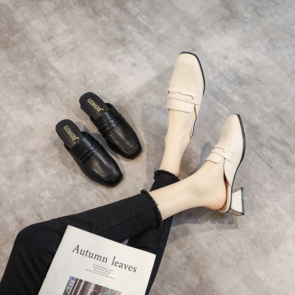 

female sandal low sandals woman leather espadrilles platform 2020 women's shoes closed toe block heels all-match ladies, Black