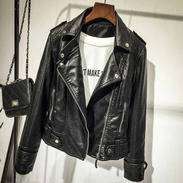 

taotrees autumn solid color slim lapel leather jacket short jacket women, Black
