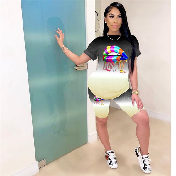 

women two piece outfits sports casual pants set designer rainbow lip printing short sleeve t shirt shorts set sports suit 4color d6802, Gray