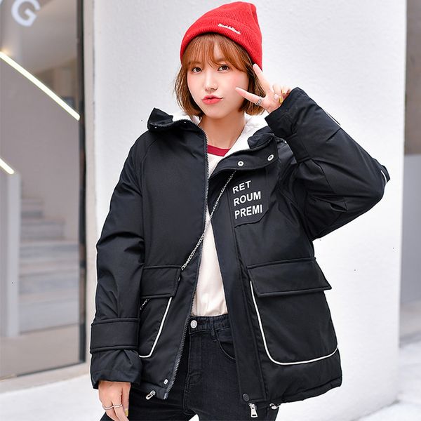 

new design 2019 winter jas women two large bags hooded casual women's jacket short wet loose parka, Black