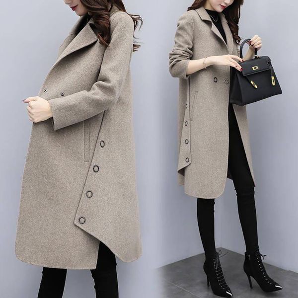 

2019 office lady women long winter wool blend coat slim solid wool coat and jacket double breasted outerwear plus size 3xl#j30, Black