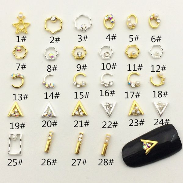 

10pcs/pack japan alloy nail art 3d star triangle oval moon with rhinestone metal accessories for ptherapy nail sticker diy, Silver;gold