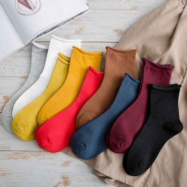 

1 pair japanese korea high school girls mid socks loose solid colors cotton long socks women colorful tube base, Black;white