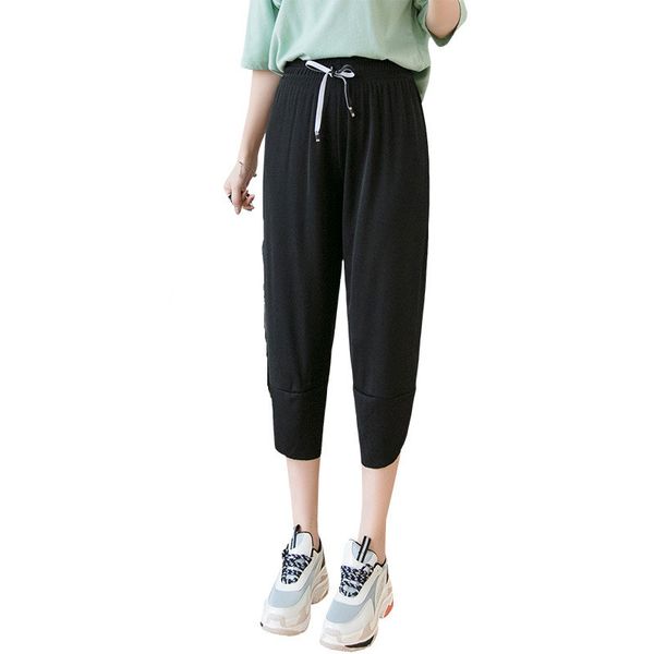 

women's pants & capris summer breeches comfortable loose harem high waist plus size cool silk sportswear casual cropped, Black;white