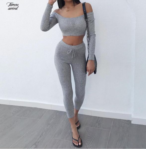 

установите две женщины tracksuit с плеча футболка crop top карандаш брюки леггинсы кусок bodycon тонкий костюм, Gray