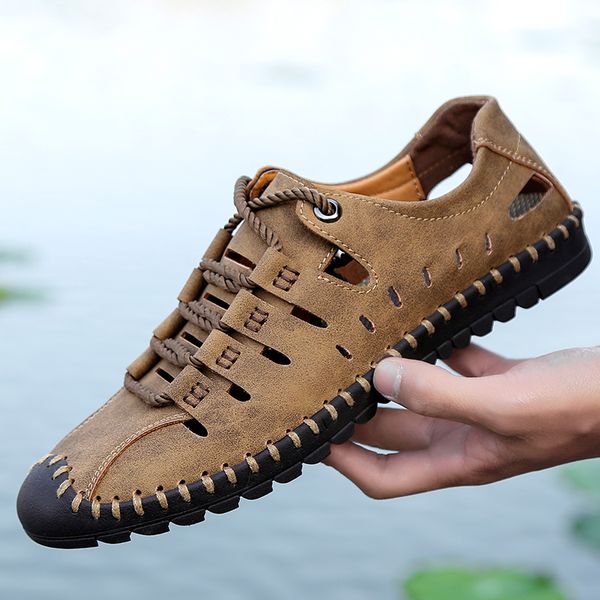 

summer men genuine leather sandals business casual shoes men outdoor beach sandals roman summer water shoes size 48 xx-554, Black