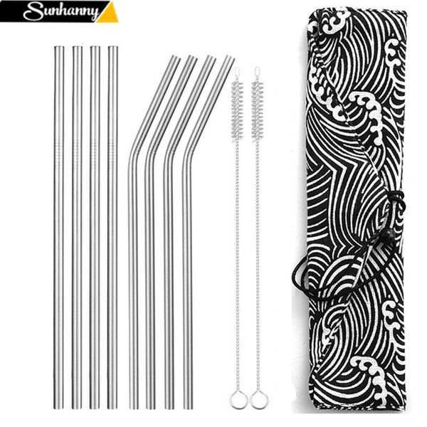 

reusable metal drinking straws 304 stainless steel sturdy bent straight straw with cleaning brush and bag bar party accessory