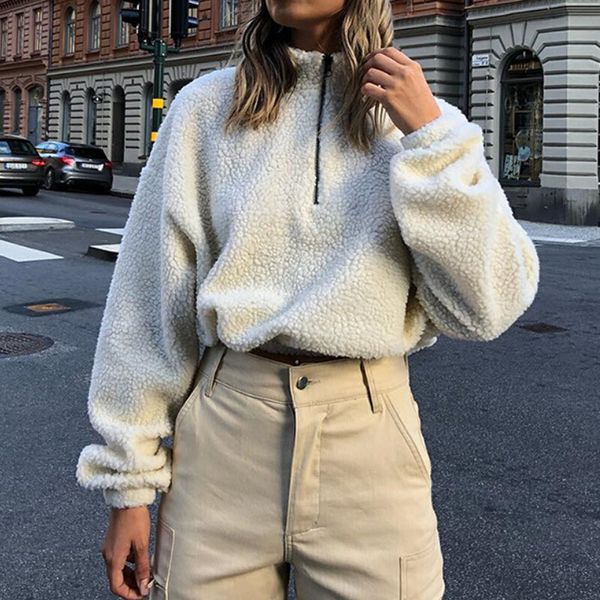 

winter warm plush oversized hoodie women sweatshirts cropped turtleneck long sleeve jumper pull femme sweatshirt, Black