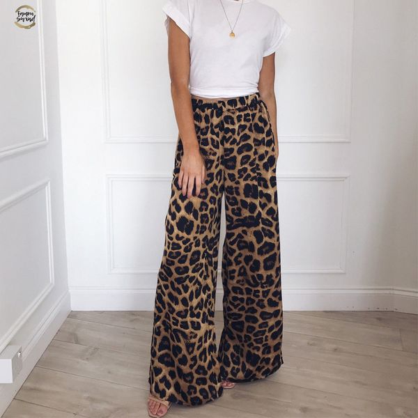 

fashion 2019 autumn leopard printed wide leg pants women high waist loose palazzo snakeshin pants elegant office ladies trousers, Black;white