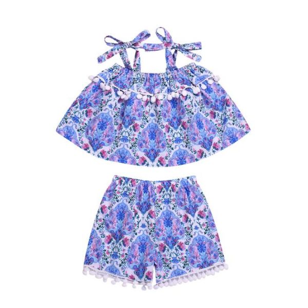 

оптовая новых летние дети дизайнер одежды девочка костюма подтяка кисточек top + напечатанных шорты 2pcs костюм девочки дизайнер одеждой by1, White