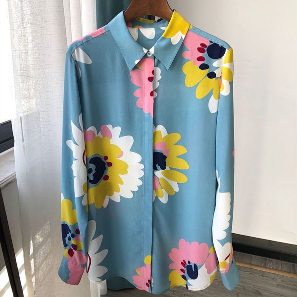 

women's sun flower printed silk long sleeve shirt turn-down collar lady blouse spring autumn, White