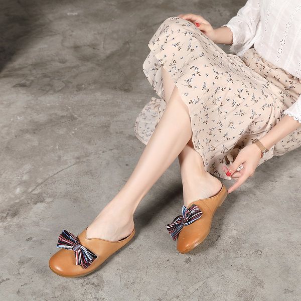 

concise style leather slippers women handmade flats casual slip on shoes khaki, Black