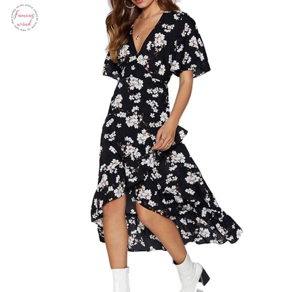 

floral print beach dress summer boho style ruffles dress casual short sleeve v neck split party dresses robe femme, Black;gray