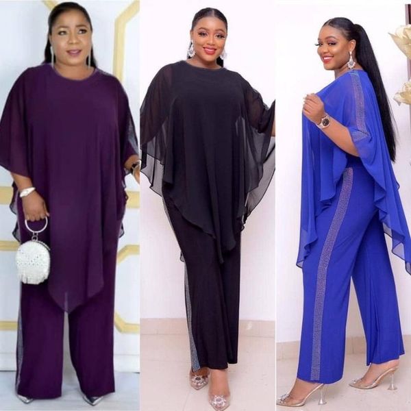 

two pieces set fashion chiffon cape with sequined jumpsuit plus size african party jumpsuit african clothes for women, Red