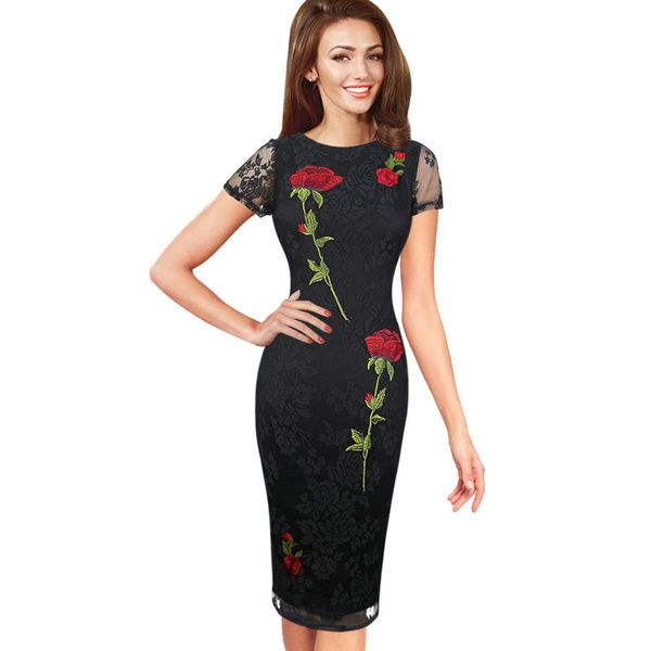 

lcw new design womens elegant embroidered floral lace see through party special occasion embroidery bodycon pencil dress, White;black