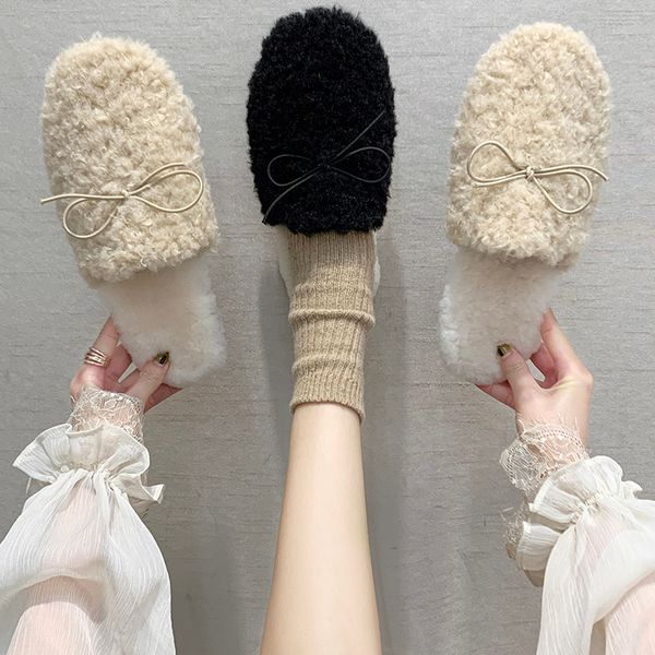 

shoes woman 2019 butterfly-knot womens slippers outdoor luxury slides flock pantofle fur flip flops soft designer new plush, Black