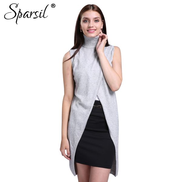 

sparsil women's turtleneck cashmere blend sweater sleeveless vest front split short dress fashion pullovers soft knitwear a48, White;black