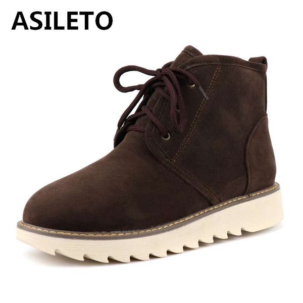 

asileto new winter women ankle snow boot leather fur wedges warm plush rubber platform lace up casual footwear ladies shoes bota, Black