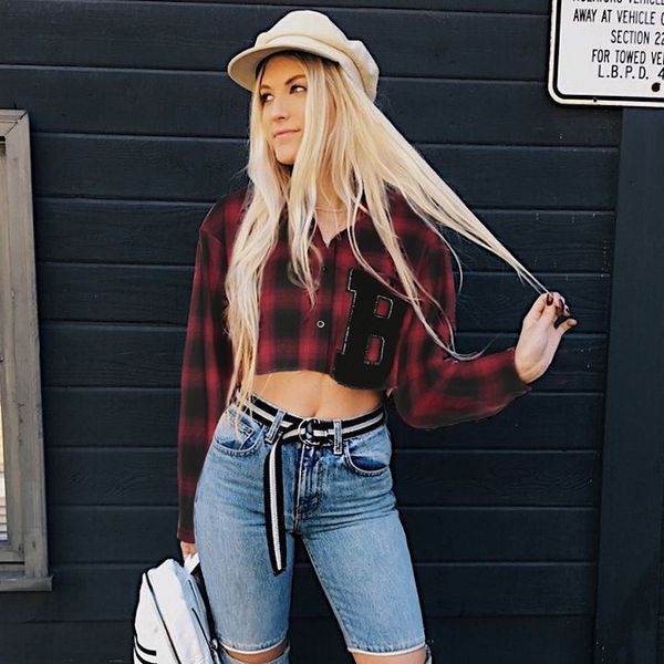 

2018 new women spring fashion plaid coat navel bare crop turn down collar long sleeve loose casual loose coats shirts, Black;brown