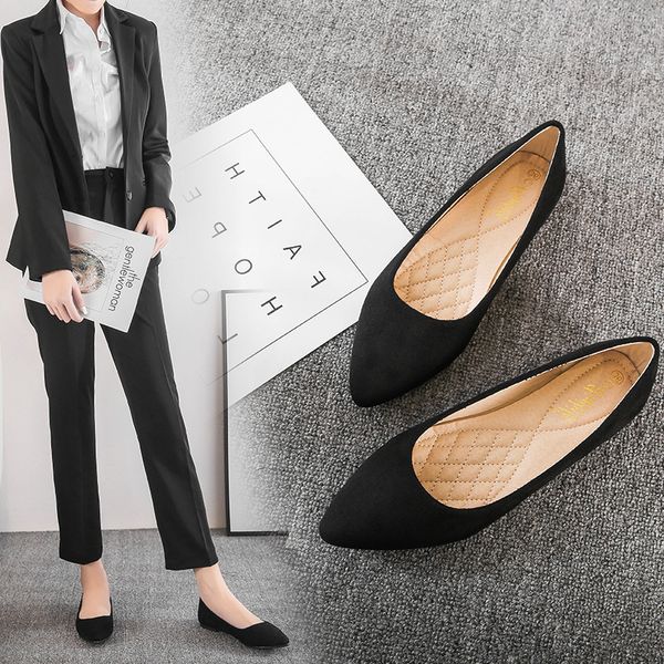 

black work shoes woman pointed toe soft bottom dress flats shallow office ladies comfy moccasins flock slip on brief loafers