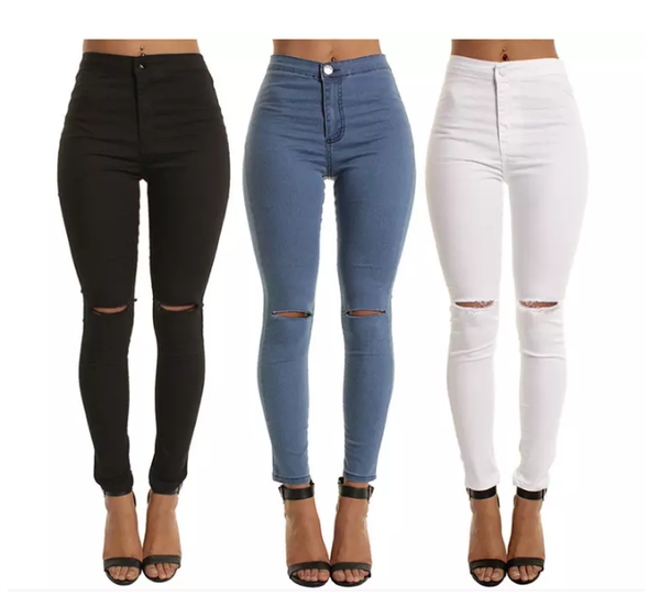 

high waist summer women fashion slim water wash knee ripped casual jeans female trendy color skinny denim pants jean bottom, Blue