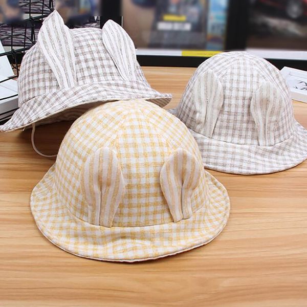 

ears baby toddler summer sun cap cartoon lovely plaid bucket hat cotton, Yellow