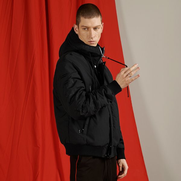 

qzhihe autumn and winter new cotton jacket suit men's short fashion black hooded jacket loose cotton coat 65028