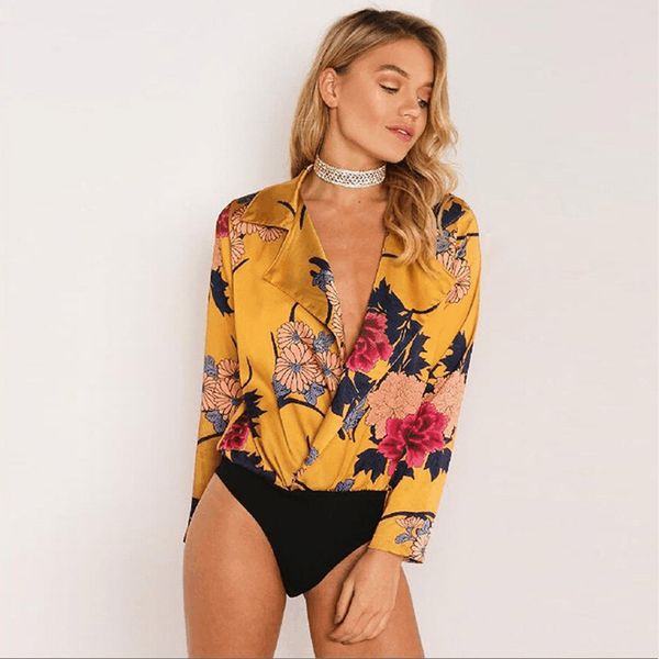 

deep v neck long sleeve floral printed bodysuits women body elegant rompers womens jumpsuit new arrival 2019 winter autumn, Black;white