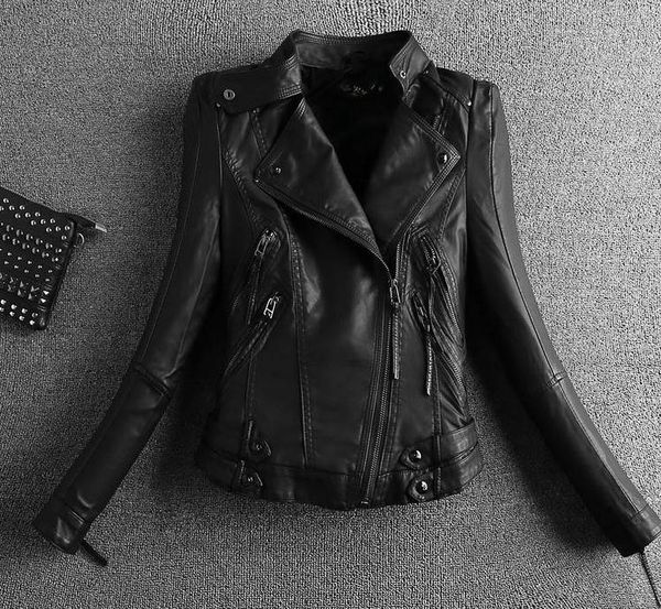 

women's autumn new slim short paragraph motorcycle pu leather jacket, Black