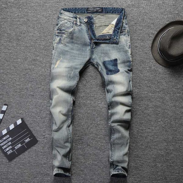 

винтаж дизайн мода мужские джинсы стрейч slim fit эластичный хлопок джинсовые брюки высокое качество классические джинсы для мужчин рваные, Blue