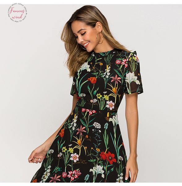 

short sleeve printing dress for female new fashion chiffon slim a line a line dress bohemian hollow out vestidos, Black;gray