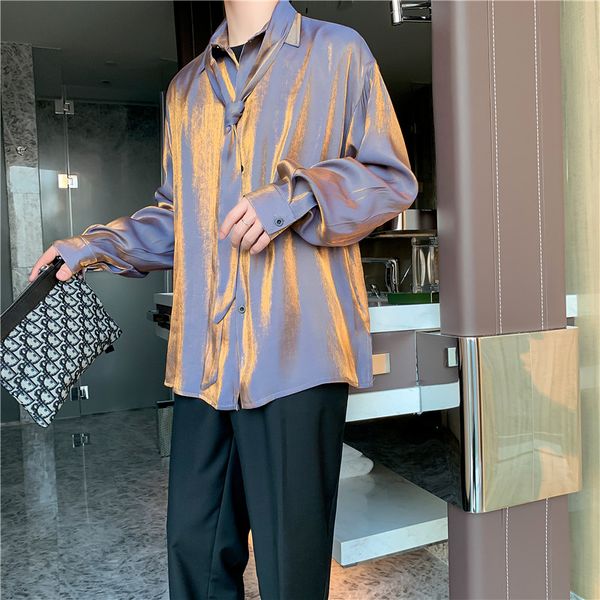 

men light fabric tie collar long sleeve casual loose shirt male vintage fashion streetwear dress shirts, White;black