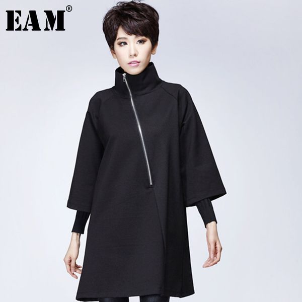 

eam] 2020 new spring high collar long sleeve balck oblique zipper split joint loose brief dress women fashion tide jk144, Black;gray