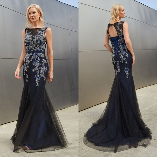 

lace up mother of the bride dresses bateau neck appliqued dark navy wedding guest dress custom plus size mermaid formal party gowns, Black;red