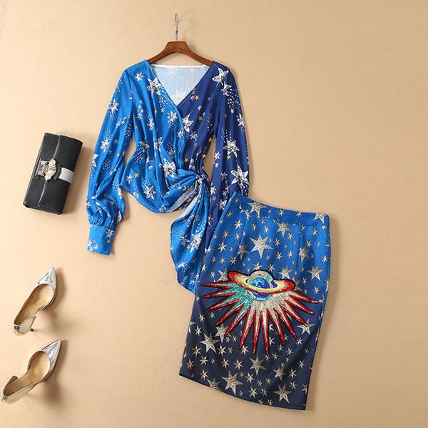 

2019 fashion designer runway suit set women's v-neck star blouse sequined skirt set, White