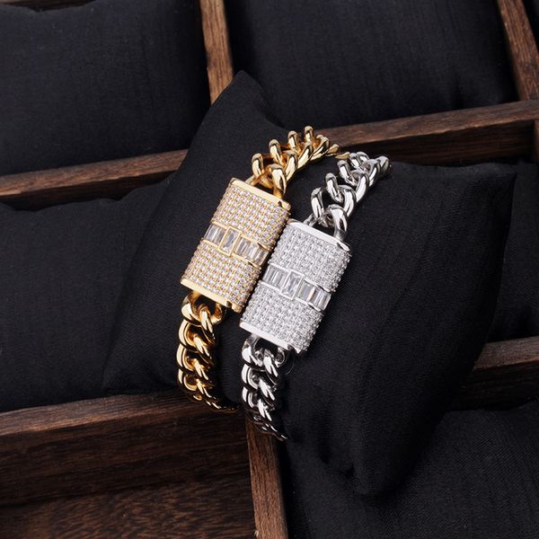 

hip hop cz stone paved bling iced out round cuban curb link chain bangle bracelet for men rapper jewelry drop shipping, Black