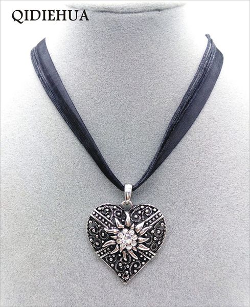 

fashion boho vintage heart necklace pendant silver crystal flower necklace ribbon rope chain edelweiss bijoux femme, Golden;silver