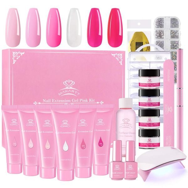 

makarpink poly nail gel kit, nail extension gel builder kit enhancement with slip solution & led uv lamp, Red;pink