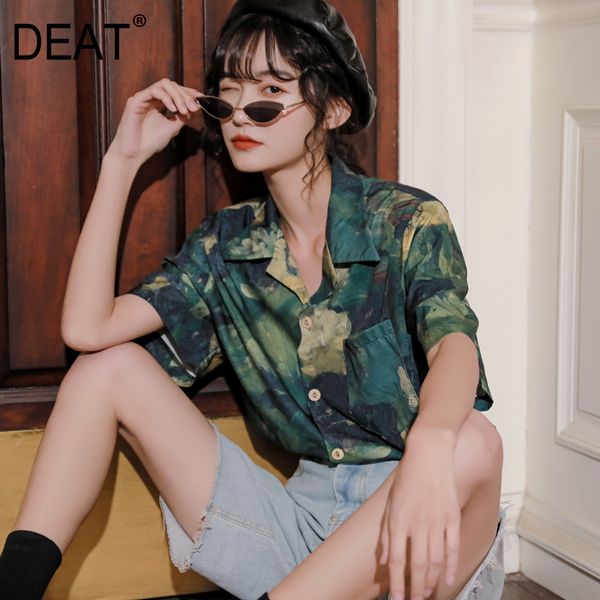 

deat] women green printed hit color blouse new lapel half sleeve loose fit shirt fashion tide spring summer 2020 13r486, White